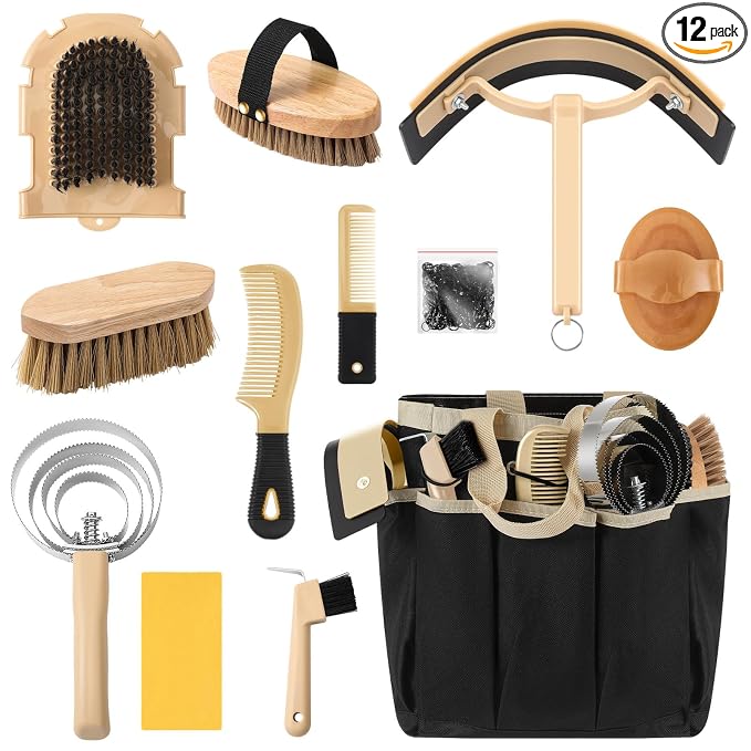 Abbylike 12 Piece Horse Grooming Kit with Organizer Tote Bag Brush Sets for Derby Day Show Horses Professional Tools for Care & Massage(Khaki and Black)