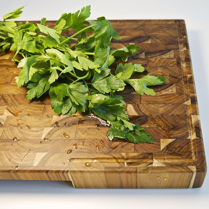 Teak Wood Cutting Board for Kitchen, End Grain Extra Thick Butcher Block | 20 x 12.2 Inch (ExtraThick 1.7") Professional Heavy Duty Hardwood Non Toxic Wooden Chopping Board (Oil & Plate Included)