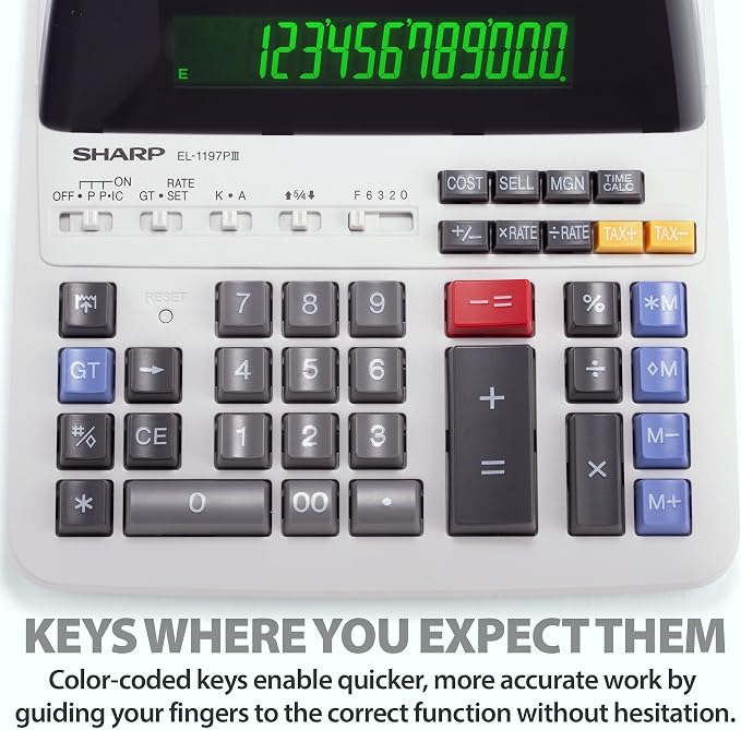 Sharp EL-1197PIII Heavy Duty Color Printing Calculator with Clock and Calendar