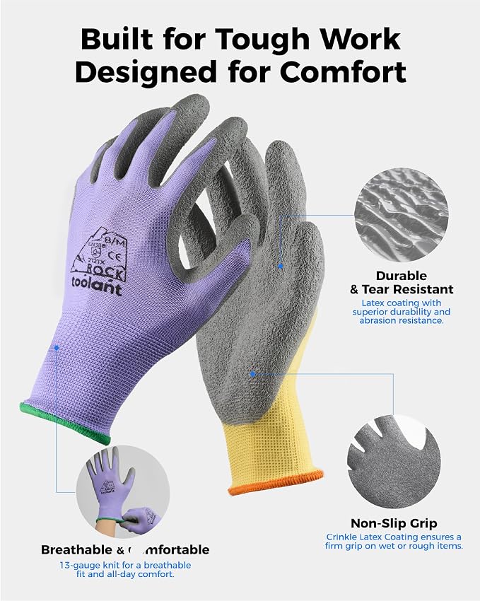 toolant Crinkle Latex Work Gloves Bulk, Rubber Coated Safety Work Gloves for Men and Women, 12 Pairs for Construction, Gardening, Warehouse (Purple & Yellow, Large)