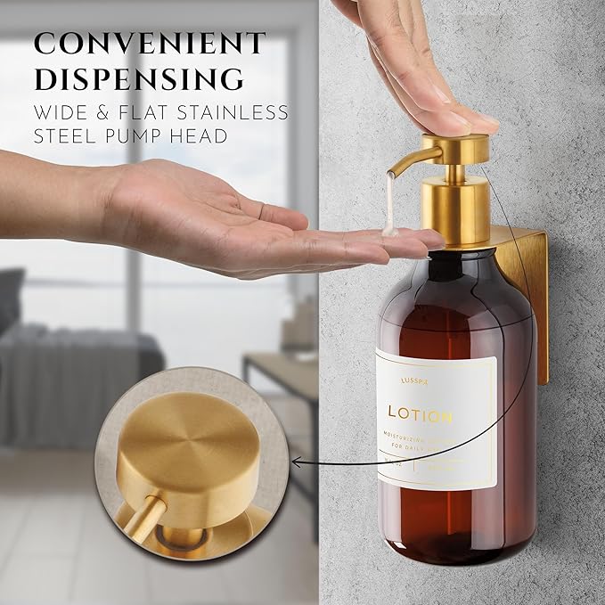 Shower Shampoo Dispenser Wall Mounted – Refillable 16.9 oz Amber Bottle with Stainless Steel Pump & No-Drill Adhesive Holder – Soap Dispenser for Bathroom (1 X Amber/Gold)