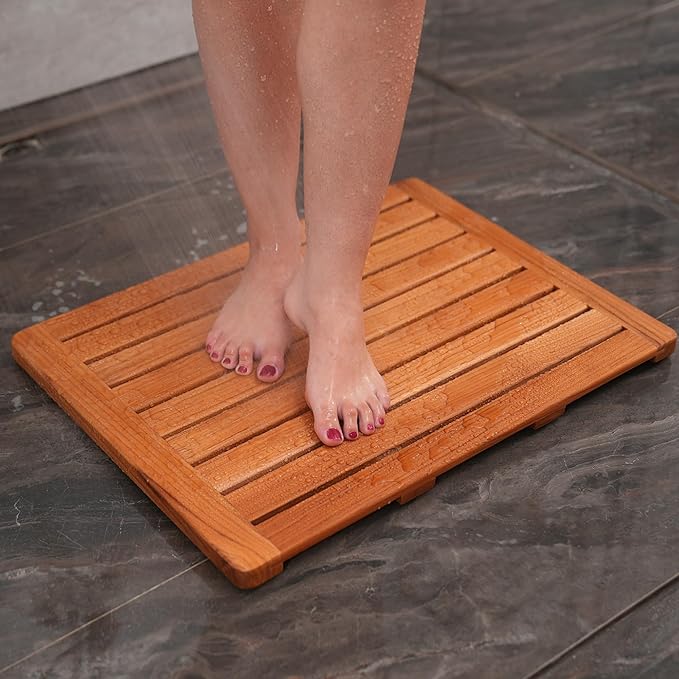 Utoplike (24"x18") Teak Wood Bath Mat, Shower Mats for Bathroom Large | Solid Wooden, with Non-Slip Pads, for Spa Home or Outdoor Inside Shower