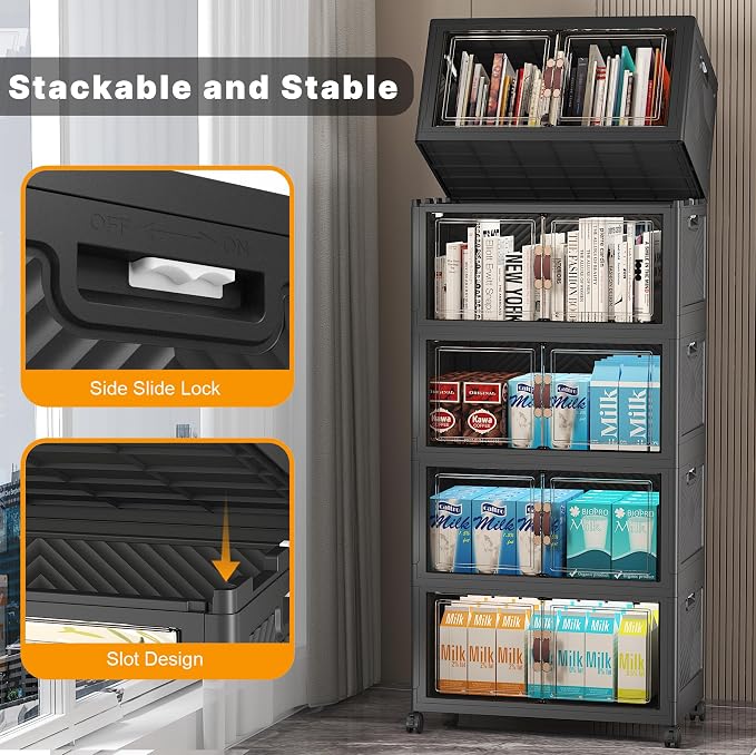 Stackable Storage Bins, 275QT Collapsible Drawers with 1 Lid | Large Capacity, Magnetic Door, Stack Lock, Rolling Wheels, Foldable Design, Organizers and Storage for Bedroom Dorm Garage