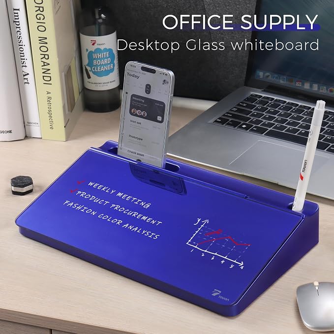 TOWON Navy Small Compact Glass Desktop Whiteboard with Storage, 12 x 7 Inches, Glossy Metallic Paint Mirror Finish Dry Erase Board, Includes 5 Markers, Eraser & Holder for Office Homeschooling Décor
