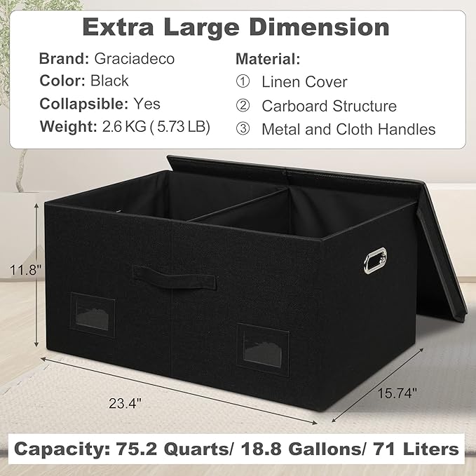 Graciadeco 75 Quarts Extra Large Decorative Storage Bins with Lids, 1 Pack Black Collapsible Storage Bins with Lids, Stackable Storage Bins Decorative Box Storage With Lid Extra Large