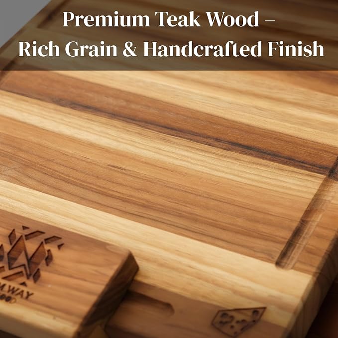 Teak Wood Cutting Board Set of 3 w/Stand, Deep Juice Groove, Solid Hardwood Non-Toxic & Knife Friendly Boards, Small Medium Large Sizes for Kitchen Meat, Veggies & Cheese by New M Way