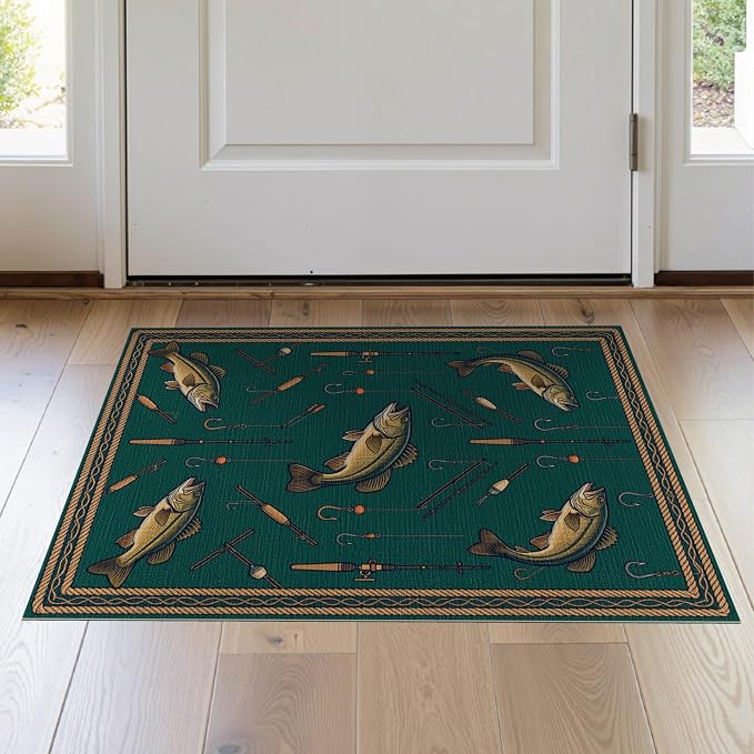 2'x3' Washable Area Rug Bass Sportsman Lure Lake Angler Tackle Motifs Motif Fish Fishing Refined Non-Slip Low Profile for Hallway, Study Room, Playroom