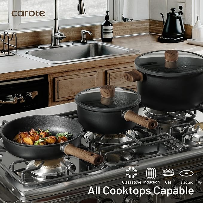 CAROTE 24Pcs Nonstick Kitchen Titanium Cookware Sets, Non stick Pots and Pans set, Induction Cookware Set Black