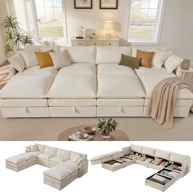Ihanherry 135” Oversized Sectional Sofa Bed with Storage, 8-Seater Modular Cloud Couch with Movable Ottomans, Chenille Deep Seat Sleeper Couches for Living Room (Beige)
