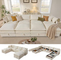 Ihanherry 135” Oversized Sectional Sofa Bed with Storage, 8-Seater Modular Cloud Couch with Movable Ottomans, Chenille Deep Seat Sleeper Couches for Living Room (Beige)
