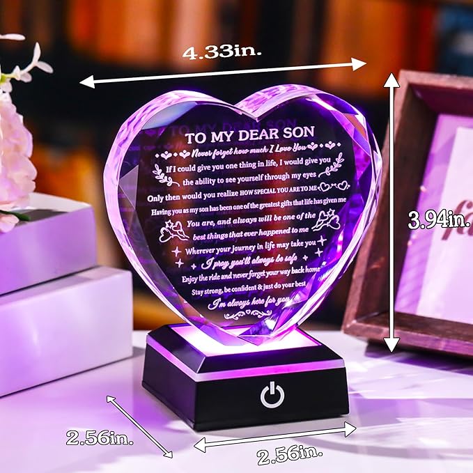 Arikyrist Meaningful Son Gifts with Coloful LED Base Inspirational to My Son Crystal Keepsake for Graduation Birthday Gifts for Adult Sons from Mom Dad on Fathers Day Christmas Valentines