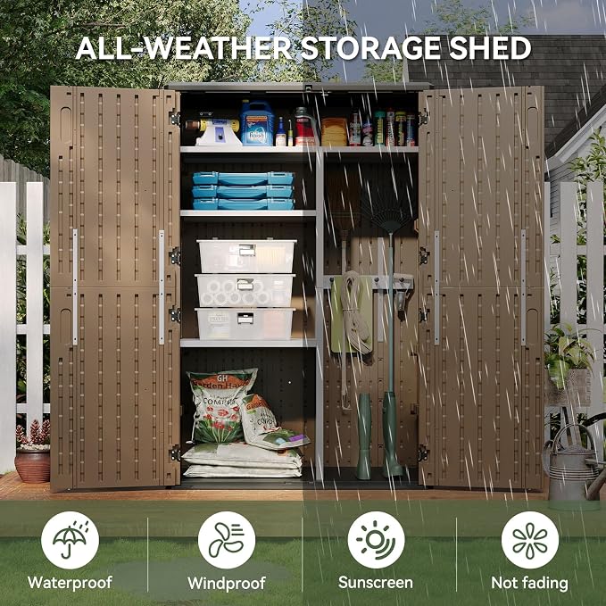 Aoxun 64 Cu.Ft Waterproof Resin Outdoor Shed with Floor & Shelving, Brown | Vertical waterproof storage cabinet with metal shelving kit, stores garden tools & pool equipment outdoors