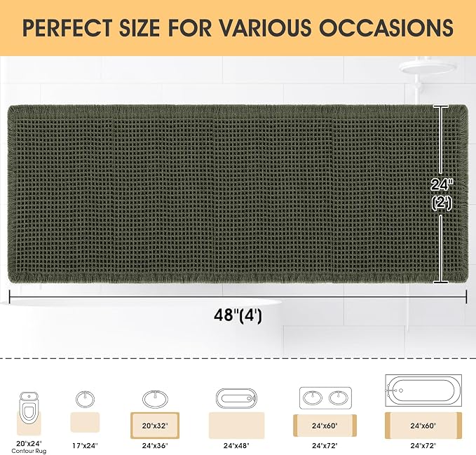 IM HOME Waffle Bath Mat Dark Green 4'x2', Boho Woven Modern Bath Mat Rugs, Absorbent Non Slip Bathroom Rugs, Soft Washable Bath Rugs with Tassels for Bathroom, Bedroom, Kitchen, Shower, Tub