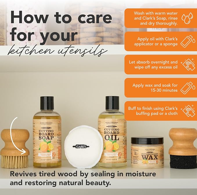 CLARK'S Food Grade Cutting Board Full Care Kit, Orange Lemon Scent - 6 Pack | Includes Food Grade Mineral Oil, Cutting Board Wax & Cleaner, Oil & Wax Applicators, Buffing Pads - Restores & Protects