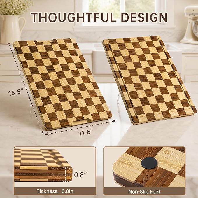 Checkered Cutting Board for Kitchen, Bamboo Wooden Cutting Board | Serving Tray with Juice Groove, Non Slip, Non-Toxic, Thick Large Chopping Board Gift , 16.5” x 11.6” x 0.8”