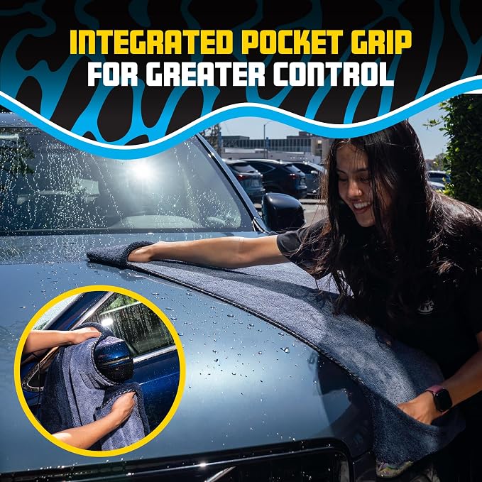 Chemical Guys, Twisted Loop Microfiber Car Drying Towel with Hand Pockets | High-absorption twisted loop microfiber dries paint and glass fast with a streak-free finish, built-in hand pockets for grip