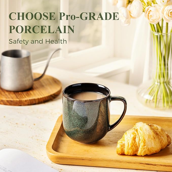 LERATIO Ceramic Coffee Mugs Set of 6,12oz Handmade Coffee Mugs Set | Large Handle for Cappuccino/Latte/Tea/Hot Cocoa,Oven &Dishwasher & Microwave Safe-Green