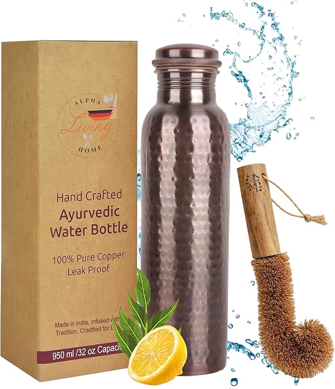 Alpha Living Home Copper Water Bottle 34 Oz Extra Large, Real Water Bottle, Pure Copper Drinking Bottle, Antique Hammered Ayurvedic Bottle for Drinking Water, Leak Proof Cap with Cleaning Brush