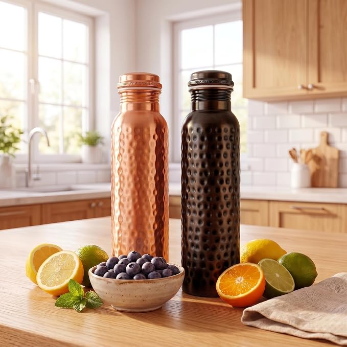 Copper Water Bottle,Ayurvedic Pure Copper Bottle For Drinking - Drink More Water, Lower Your Sugar Intake And Enjoy the Health Benefits Immediately,32 Oz (1Cleaning Brush+2 Hammered+1Diamond Bottle)