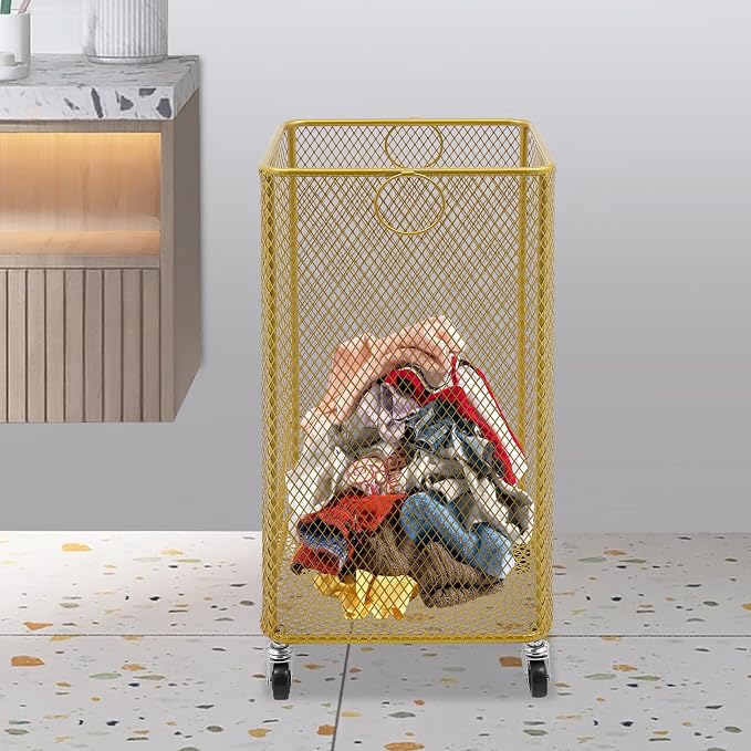 Rolling Laundry Basket with Wheels, Square Mesh Laundry Hamper on Casters, Gold