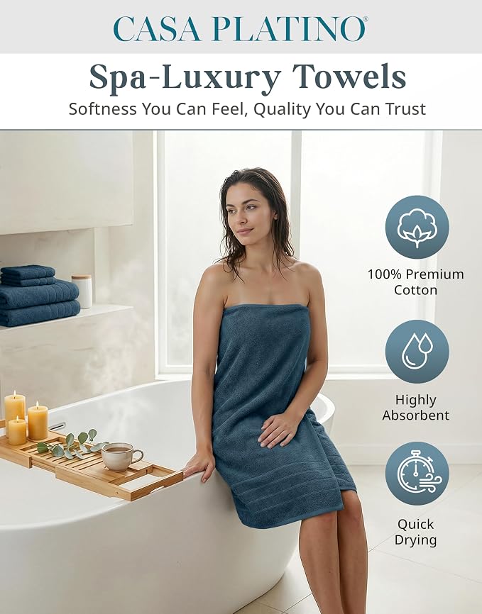 Casa Platino Bath Towel Set Absorbent Quick Dry 100% Cotton - Steel Blue | Pack Of Towels - OEKO-TEX Certified, Ring-Spun Durability, Ring-Spun Cotton, Terry Weave Comfort, Long-Lasting Comfort