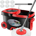 FunClean Spin Mop and Bucket for Home Cleaning, 360° Rotating Floor Mop with Wringer, Adjustable 61" Handle for Back Pain Relief, 6 Microfiber Replacement Heads, 2 Easy-Move Wheels - Black
