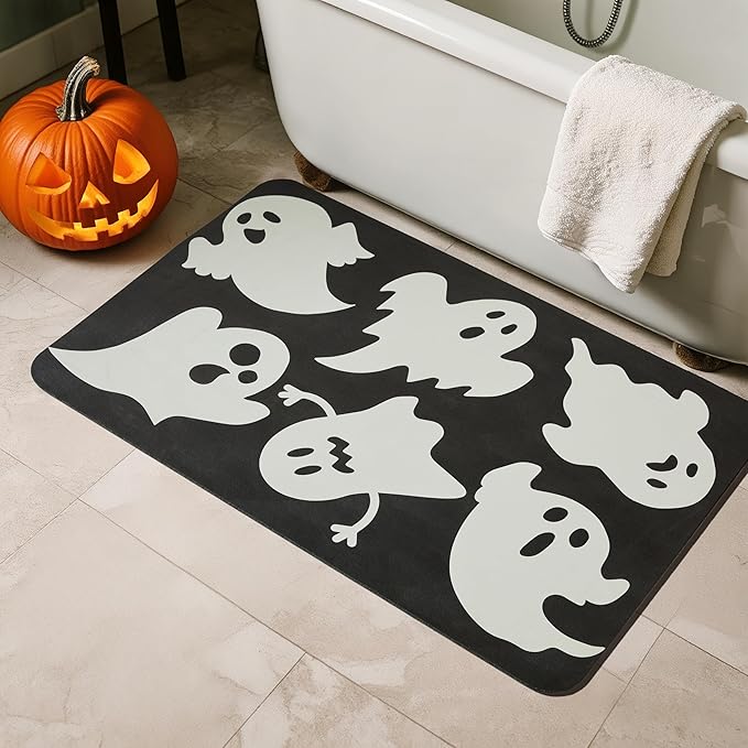 TYUU Halloween Bath Mat, Thin Halloween Bathroom Rug Non Slip Quick Dry Ghost Bath Mat Fits Under Door Thin Floor Mat Halloween Decor, 17''x30'', Ghosts Black