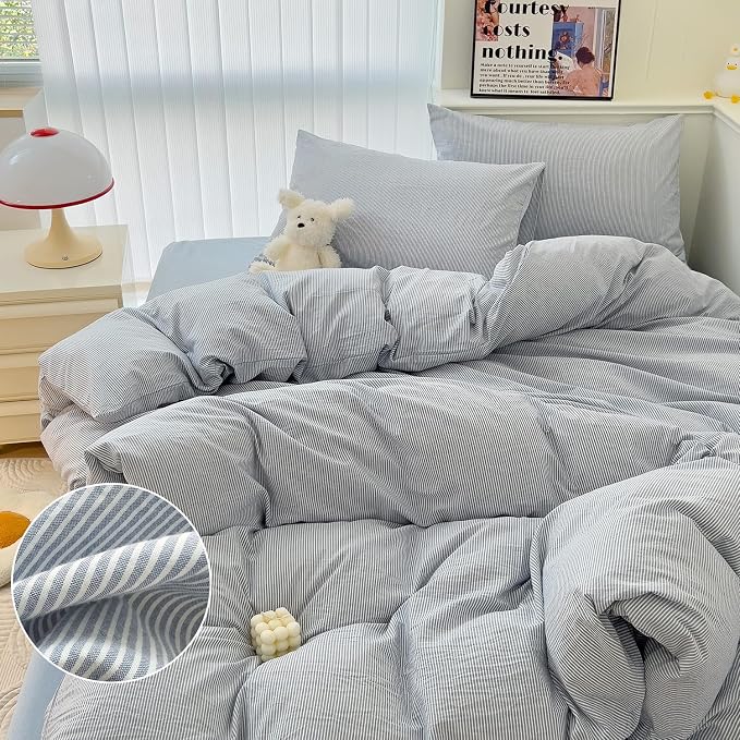 mixinni Striped Duvet Cover Set- 100% Washed Cotton Blue Comforter Cover with White Pinstripe Stripes Pattern Printed Bedding Set with Zipper Closure, 3 Pieces,Full Size