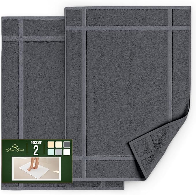 Pearl Linens 100% Ring Spun Cotton Bath Mat (Pack of 2) 18 x 25 Inch, Washable, Soft & Absorbent Terry Bathroom Floor Mat – Not Bathroom Rugs – Quick-Dry After Shower Bath Mat, 781 GSM, Dark Grey