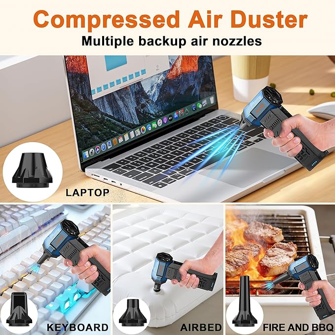 Air Duster - 250,000RPM Compressed Air Duster, Replaceable Batteries 2pcs,Long Life-mini Blower, 3-Gear Adjustable- Electeic Air Duster for Keyboard,PCs,Leaves,Car Cleaning (2*Batteries)