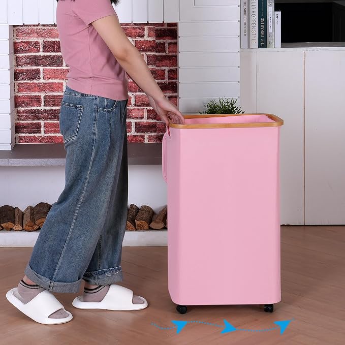 iEGrow 75L Laundry Basket with Wheels,Clothes Hamper for Laundry,Laundry Hamper with Lid and Inner Bag, for Laundry Room, Bedroom, Dormitory Storage,Pink