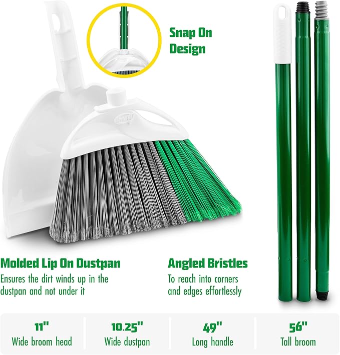 Libman FlexTech Broom with Dustpan Combo Set for Sweeping Indoor and Outdoor Floors, Pet, Dog Hair Broom, 55” Precision Angle Broom, 3 Piece Handle, 11" Wide, 10.25" Wide Dust Pan