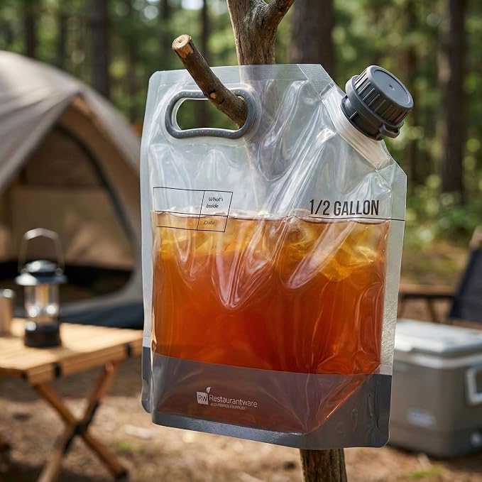 Restaurantware Cater Tek 1/2 Gallon Water Containers 10 Drink Bags - Collapsible Includes Tamper-Evident Caps Clear Plastic Beverage Bags For Catered Events Camping or Hiking Durable Handle