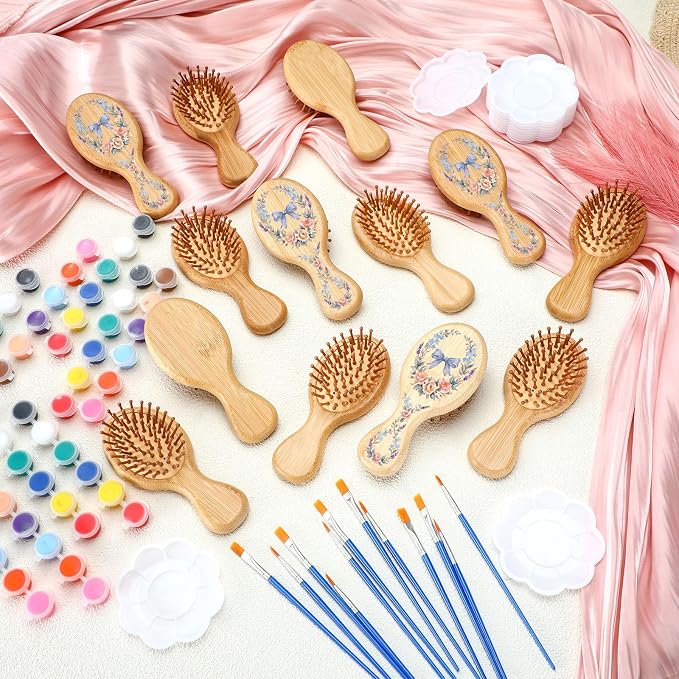 Meanplan 12 Set DIY Wooden Hairbrush Painting Kits Make Your Own Hair Brush Hand-Painted Hairbrush Night Party Supplies with Paint Brush and Palette for DIY Gift Party Crafts (Mini)