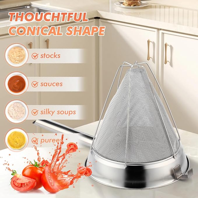 Nuogo 2 Set Stainless Steel Chinois Strainer Fine Mesh Metal Food Bouillon Sieve Strainer Cone Fine Mesh Strainer with Handle and Silicone Spatula for Sauce Jam Jelly Tea(10 Inch+8 Inch)