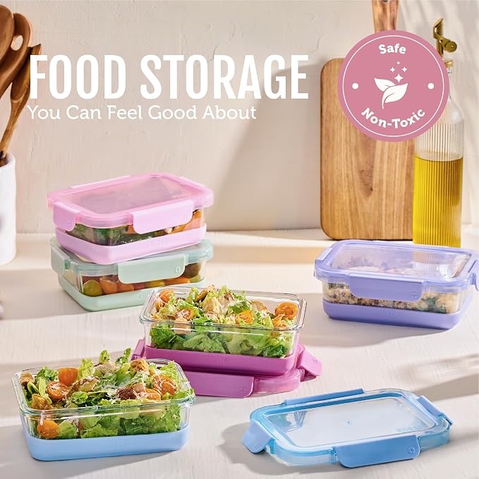 Ello Duraglass Refresh 3.4 Cup Meal Prep Containers, 10 Pc, Dusk Delight | Glass meal prep container set with silicone boots, airtight leakproof BPA-free lids, microwave, freezer & dishwasher safe