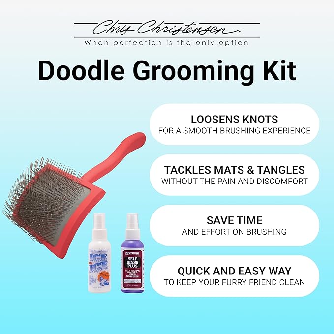 Chris Christensen Grooming Kit for Goldendoodles, Labradoodles, Poodles with Big G Dog Slicker Brush, Ice on Ice Detangling Spray, Pro Line Self Rinse Plus Spray