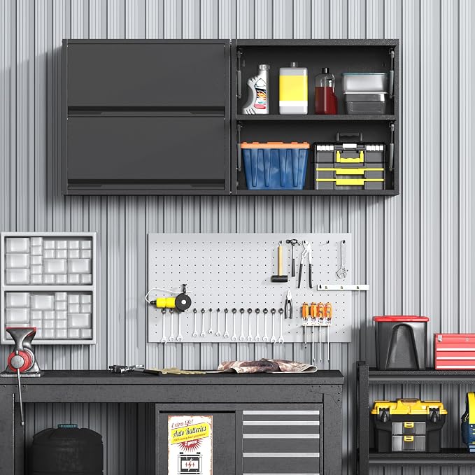 2 Door Garage Wall Cabinet with Up-Flip Door, 25.6" H Metal Wall Cabinet | Wall Mounted Metal Storage Cabinet for Garage,Basement,Ware House Assembly Required