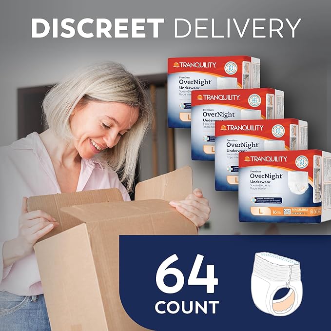 Tranquility Premium OverNight Disposable Absorbent Underwear (64 Count) - L, 44-54 in. Waist - Maximum Absorbency, All-Night Sleep, Breathable Comfort, 64 Adult Diapers