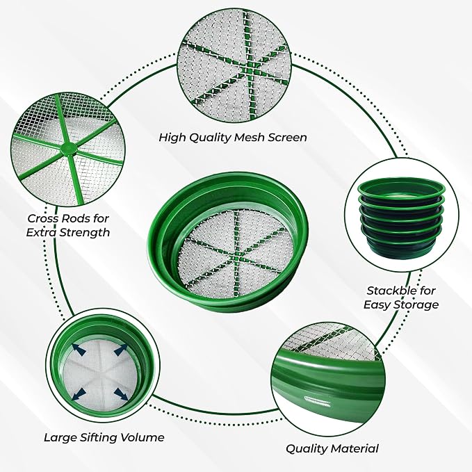 SE 13.25 Inch Wide Stackable Classifier Gold Prospecting Pan Set - Includes 1/2" 1/4" 1/8" 1/12" and 1/20" Stainless Steel Mesh Sifting Pans, Green, 5 Pack