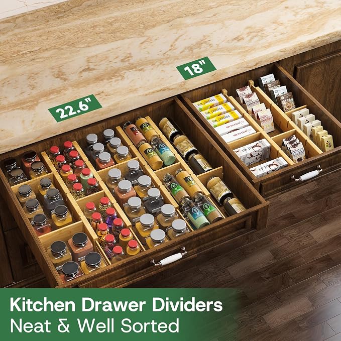 kiplant Bamboo Drawer Dividers - Adjustable Drawer Dividers for Kitchen, Clothes, Closet & Office - 6 Pack with Inserts, 18-22.6 Inches, Non-Slip Silicone Ends