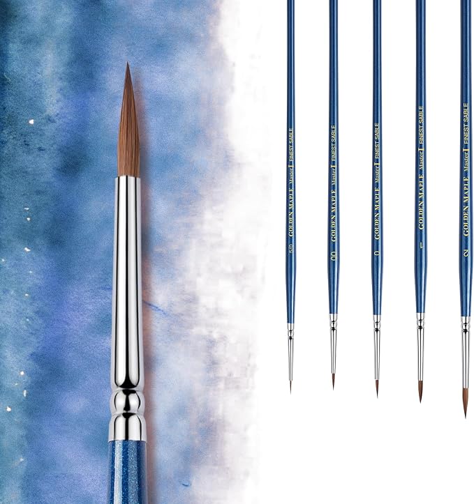 Kolinsky Sable Brushes, Golden Maple Miniature Paint Brushes Natural Hair Professional Pointed Round Brush for Model Painting, Watercolor Details, Acrylic Gouache Inks Painting, Size 2 1 0 00 5/0