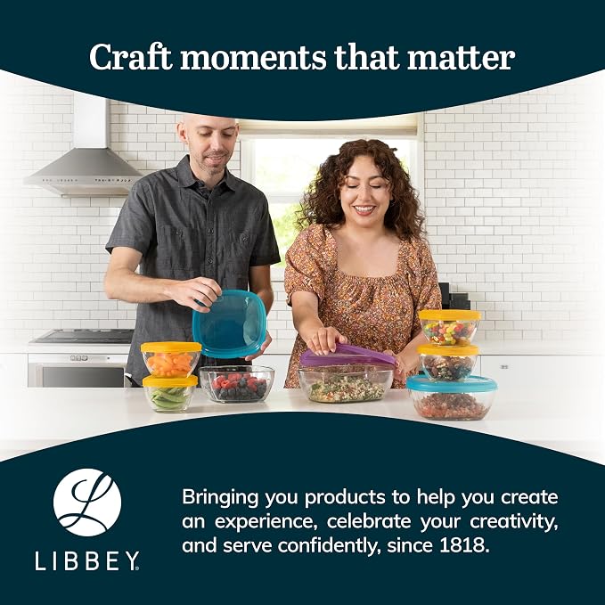 Libbey Serve It Glass Storage Bowls Set of 14 Stackable 2,6,8 Cup Food Storage Containers with Sung Fit Lids, Glass Bowls Set for Snacks, Leftover or Meal Prep