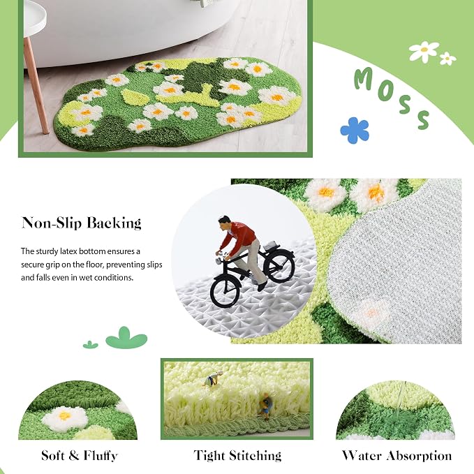 YIKUSH Bathroom Rugs for Living Room Green Moss Rug Cute Bath Mat with Small Flower Non Slip Bath Mats for Bathroom Floral Washable Rug (32x20 inches)