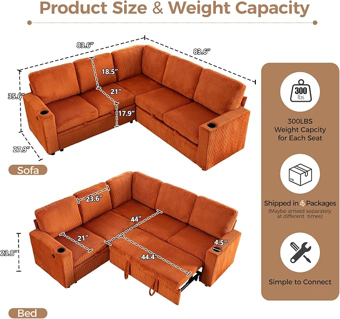 L-Shaped Sectional Sleeper Sofa with Pull Out Bed, Orange | Plush Corduroy Modular Couch with Storage, USB Charging, Cup Holders – Cozy Cloud Couches for Living Room, Easy Assembly