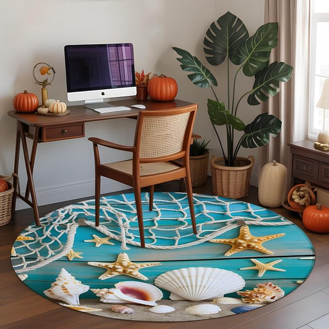 4 Ft Round Rug for Home Office, Beach Starfish Indoor Accent Rugs for Living Room, Ocean Conch Fishing Net Blue Wood Grain Decorative Circle Carpet Washable Low Pile Non Slip, Soft Rug for Bedroom