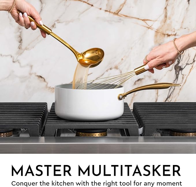 Gold Kitchen Utensils Set – 7-Piece White Silicone Cooking Tools with Gold Utensil Holder – Luxury Kitchen Accessories for Stylish Cooking and Serving, Ideal for Gifting
