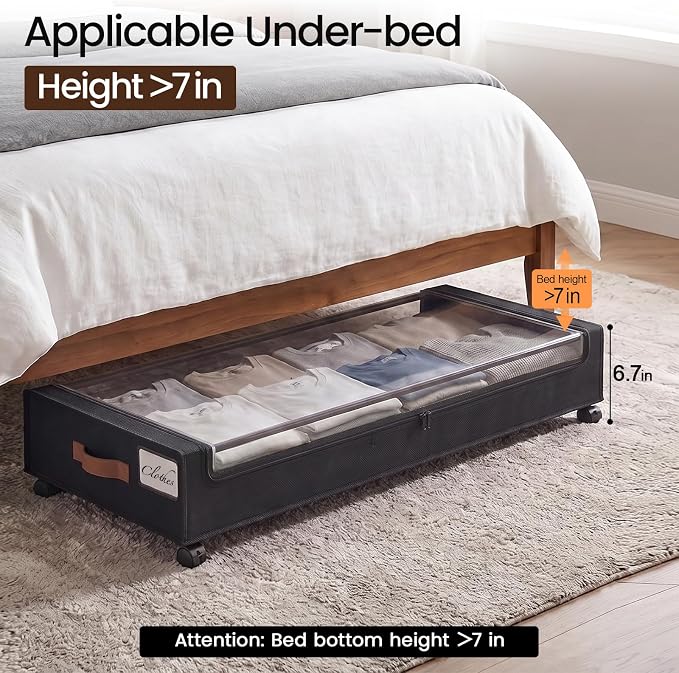 Yecaye 70L Large Under Bed Storage Containers with Wheels, 2 Pack, Black | Larger Capacity, 360° Rolling Wheels, Clear Window & Label, Sturdy Fabric, Rolling Metal Drawers for Clothes, Shoes, Blankets