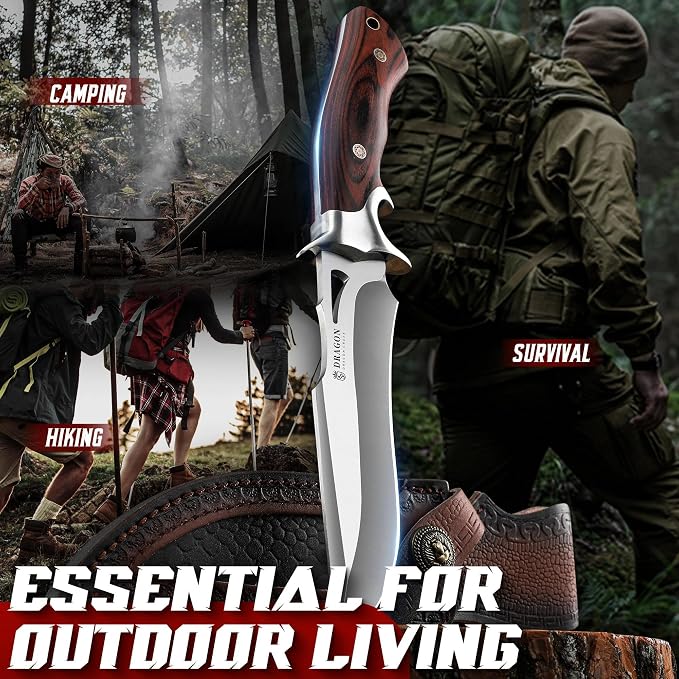 Dragon Creek Fixed Blade Knife - Bowie Knife with Wooden Handle | with Leather Sheath for Fishing Camping Men Gift