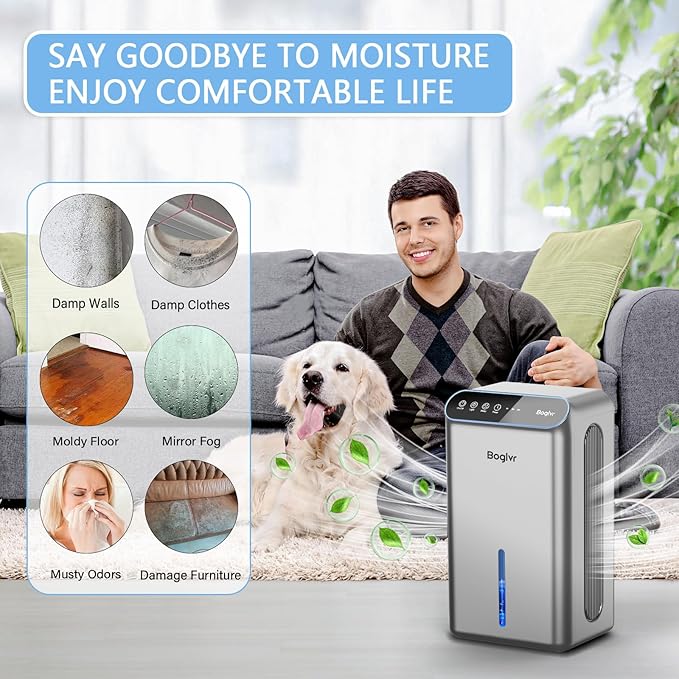 Dehumidifier for Home up to 1000 sq.ft, 98oz Small Quiet Dehumidifier with Drain Hose, 3 Timer Modes, Auto Shut Off, Aromatherapy & 7 Color Light for Bedroom, Bathroom, Basement (Space Gray)